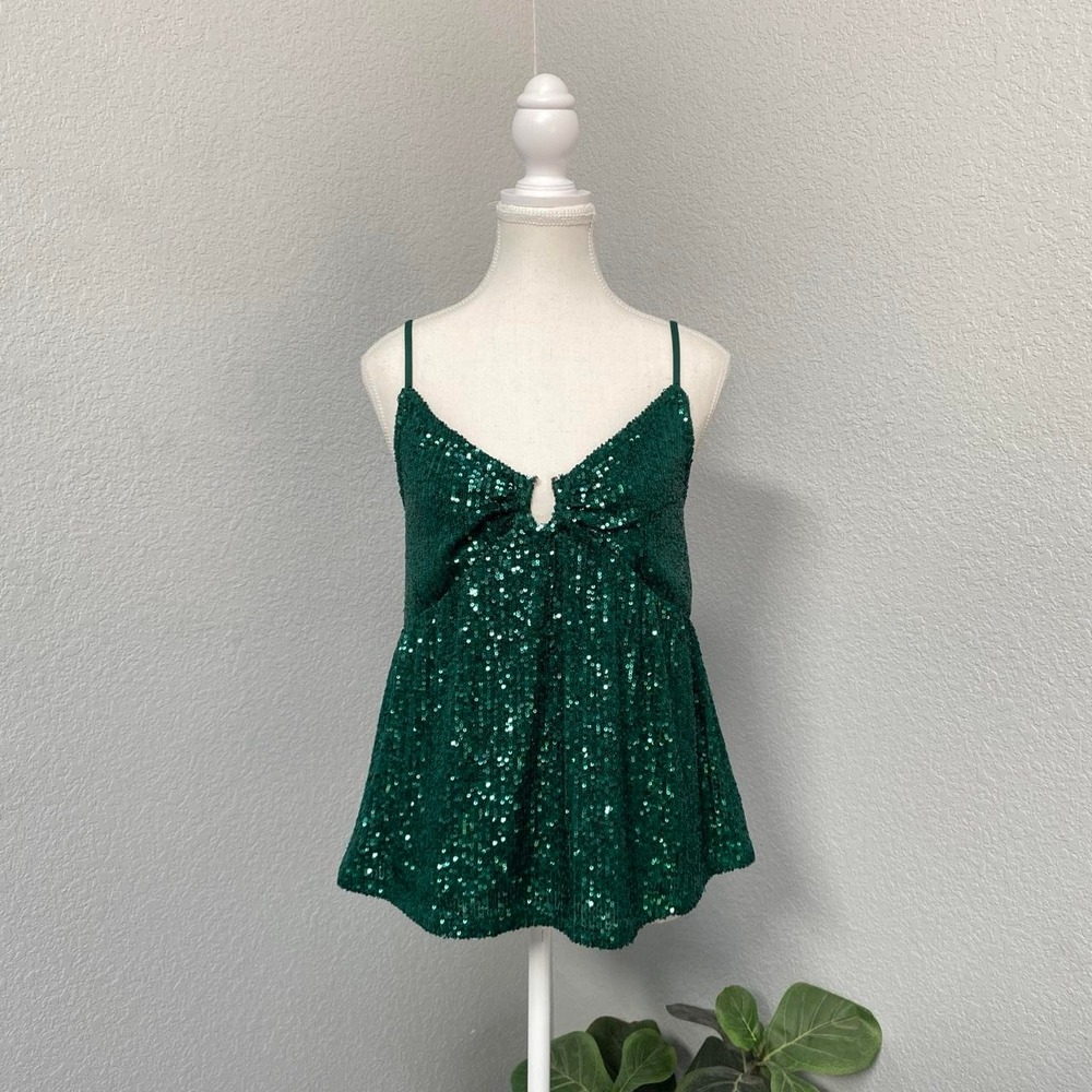STITCH & PINE GREEN SEQUIN TANK TOP KEYHOLE DETAIL Y2K DARK FAIRYCORE WHIMSICAL